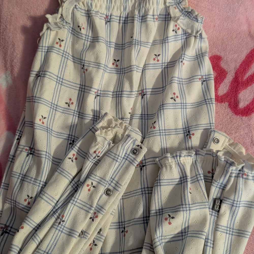 White and Blue Plaid Kids Pajamas with Cherry Print